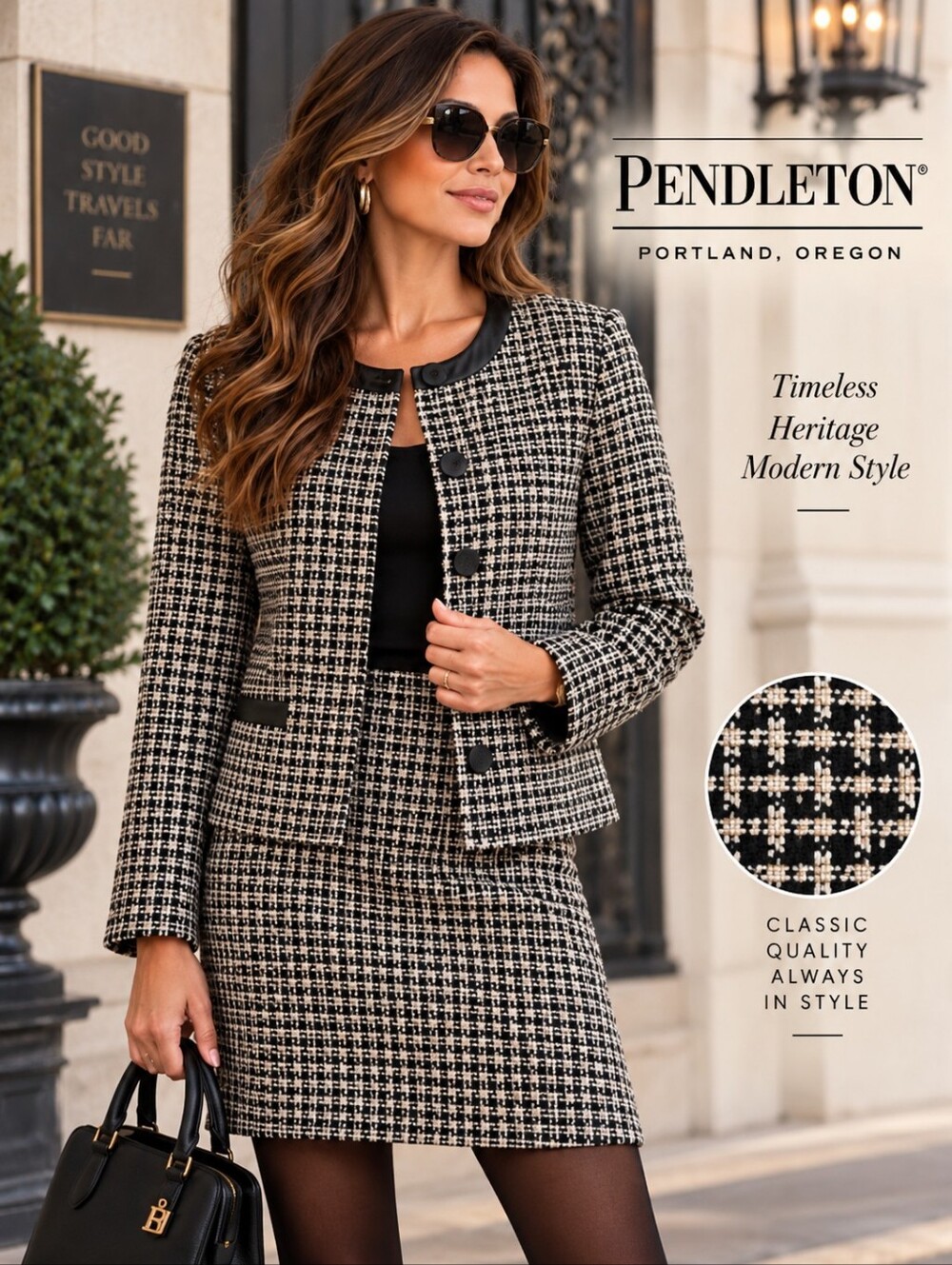 Pendleton Vintage Silk Tweed Skirt Suit Set Leather Trim Classic Luxury Size 14